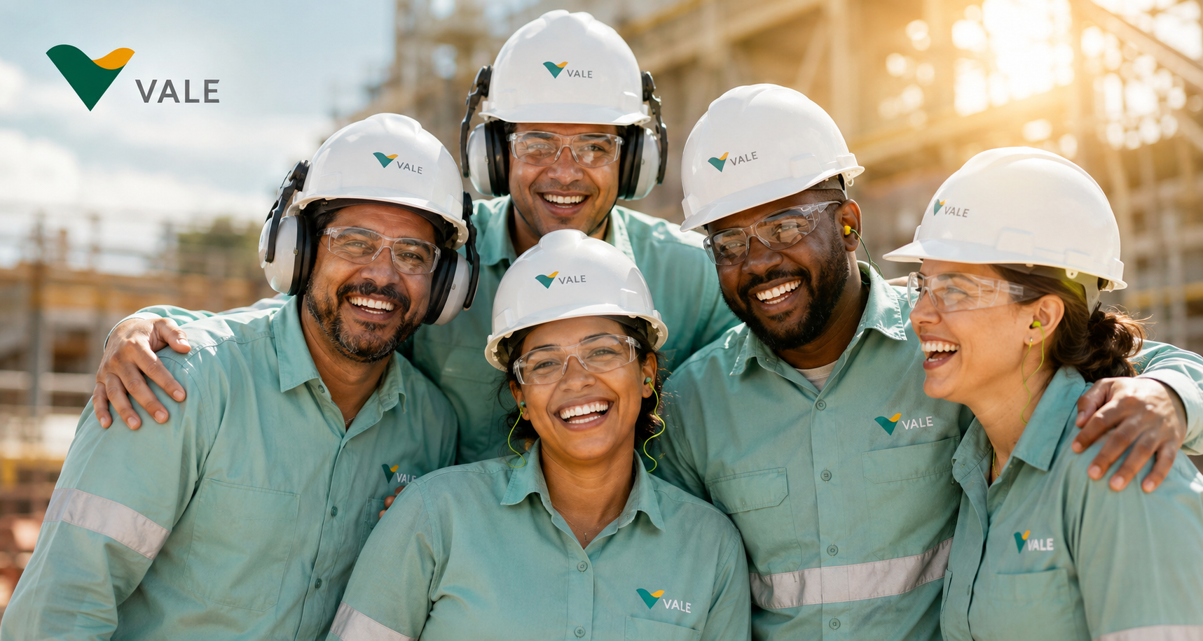 Empregados da Vale sorrindo juntos, de capacete e uniforme